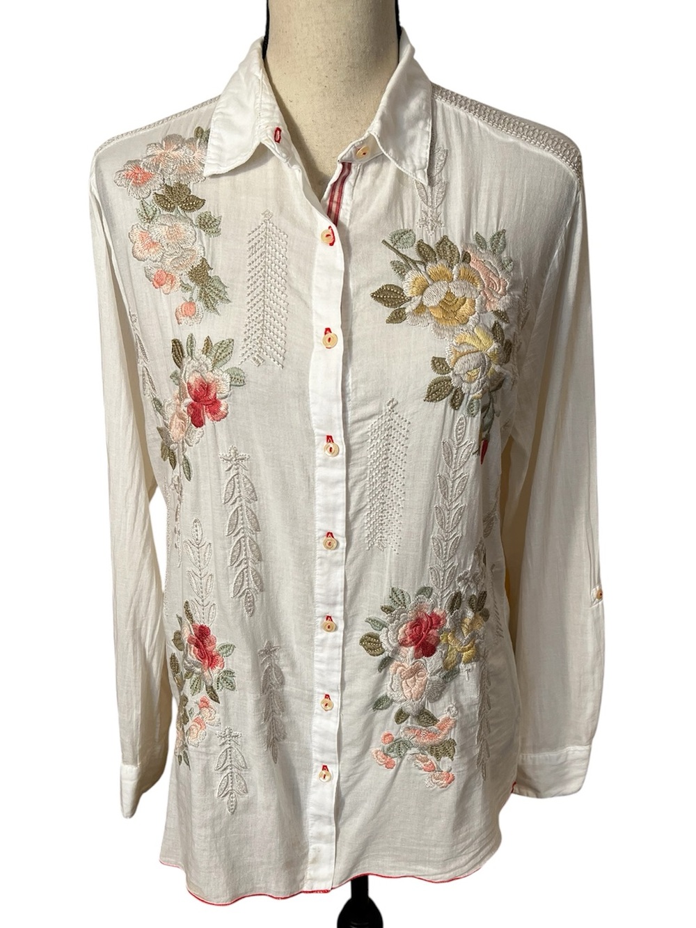 Johnny Was J Workshop White Embroidered Floral Blouse Sz-M